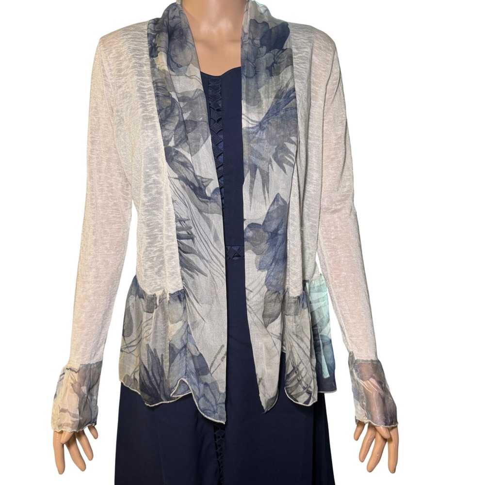 Elena Baldi Made in Italy Floral Silk Trim Open Front Cardigan Cream Blue Size M